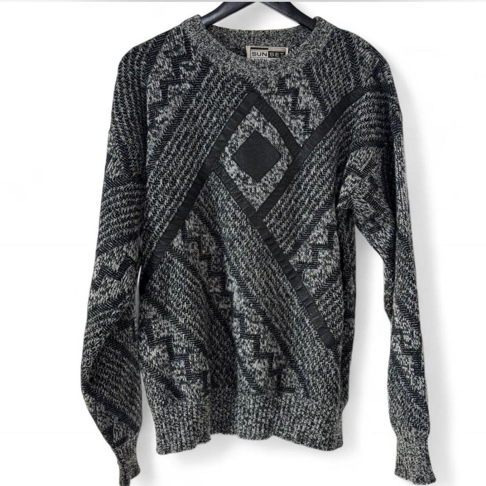 VINTAGE 90s Sunset Highway Leather Insert Patterned Black and Gray Sweater